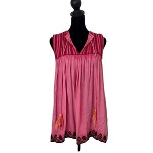 Rachel Zoe Embroidered Tunic Top Size L‎ Tassel Sleeveless BOHO Festival Beach